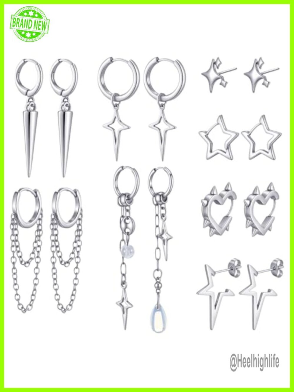 8 Pairs Hoop Stud Earrings Alloy Tarnish Resistant Hinged Y2K Punk
